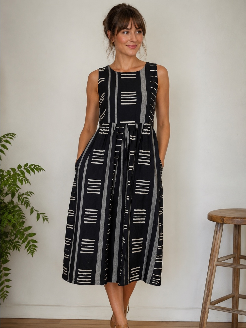 Ace & Jig Connection Print Organic Cotton Midi Dress Black Gray Stripe Sz Small